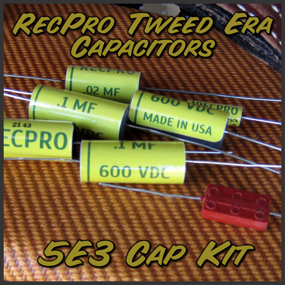 RecPro Tweed Amplifier Capacitor Kit includes full set of 5E3 signal capacitors: 4x .1uF, 1x .02uF, 1x.005uF, and also includes 1x 560pF vintage NOS El Menco six dot mica cap.